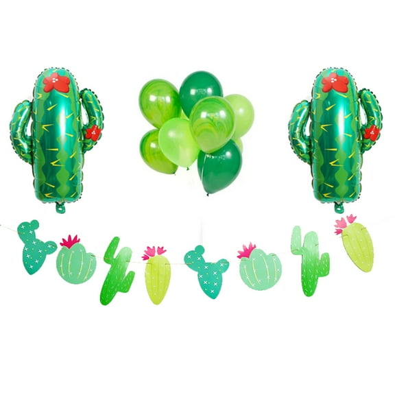 HAMPPLIES 12Pcs Cactus Balloons Banner Set Dark Green Latex Balloons for Summer Party Decoration
