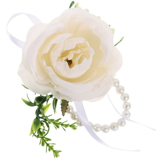 HAMPPLIES 1Pack White Imitation Pearls Silk Plastic Floral Shape Wrist Corsage For Bride Bridesmaid Women