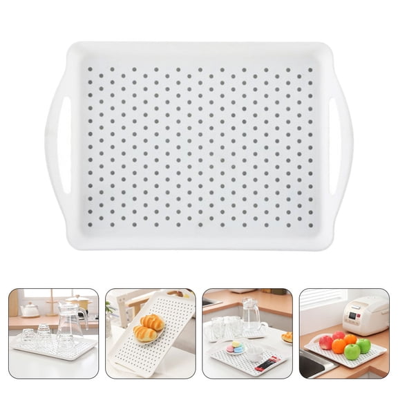 HAMPPLIES White Plastic Storage Tray with Handles, Rectangular Serving Tray for Bread, Cake, Fruit, Kitchen Organizer