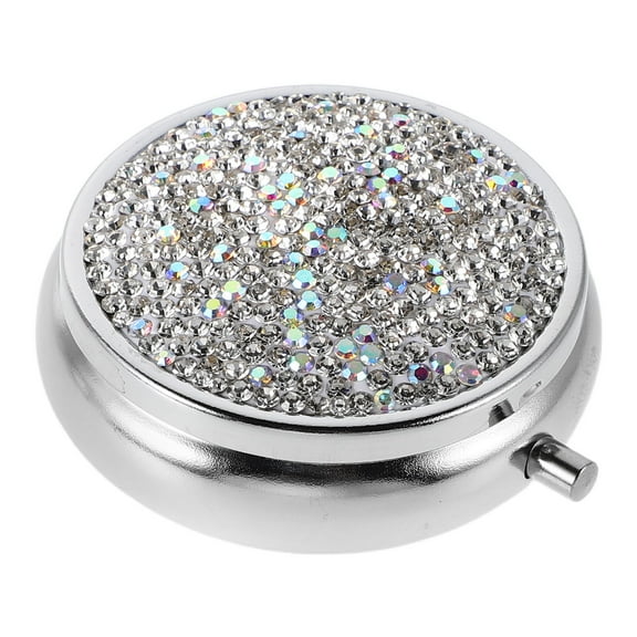 HAMPPLIES 1Pcs Mini Pill Organizer Metal Medicine Box for Women with Rhinestones Silver Round