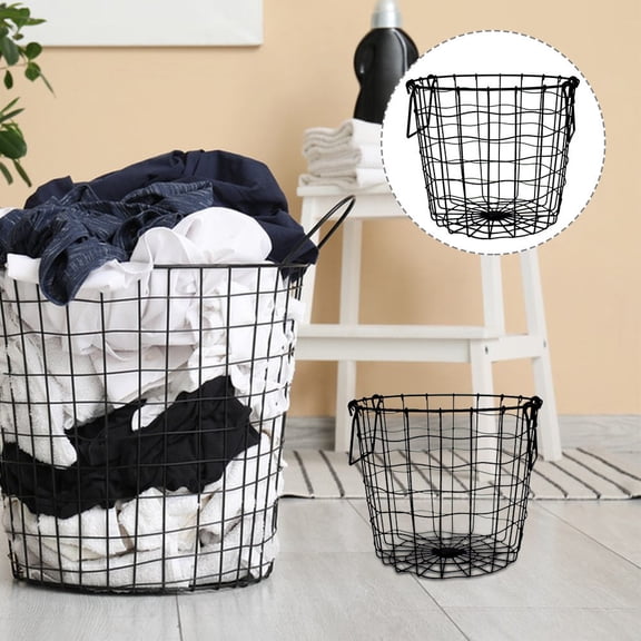 HAMPPLIES 1Pc Black Metal Laundry Bucket with Handles for Home Clothes Storage