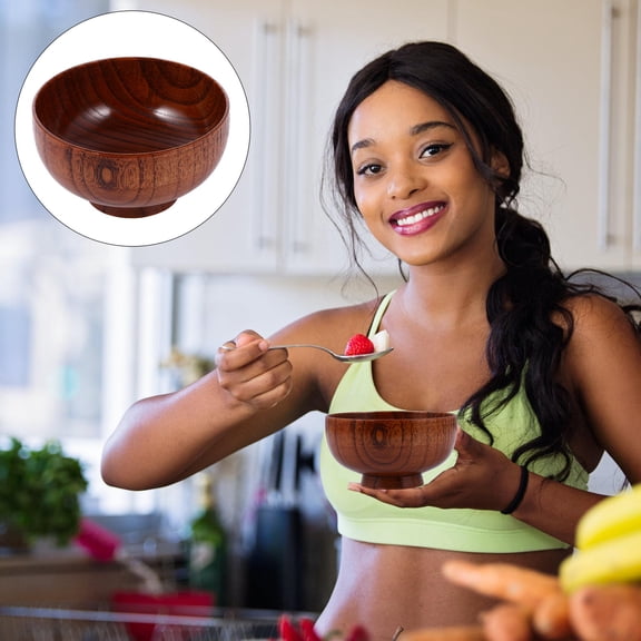 HAMPPLIES 1Pc Coffee Color Wooden Serving Bowl Multipurpose Tableware for Home Salad Rice Soup