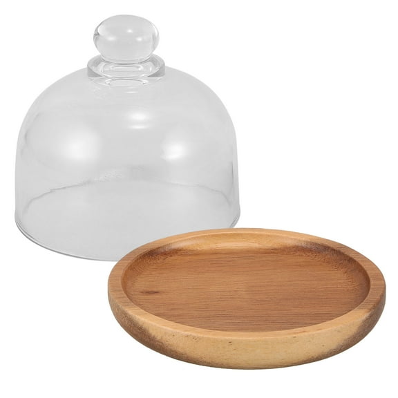 HAMPPLIES 1Set Mini Tray With Cover Round Wood Glass Dessert Plate For Food Display Storage Preservation