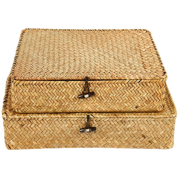 HAMPPLIES 2Pcs Wicker Boxes Rustic Style Natural Seagrass Baskets for Home Khaki 12.6x11x2.6in