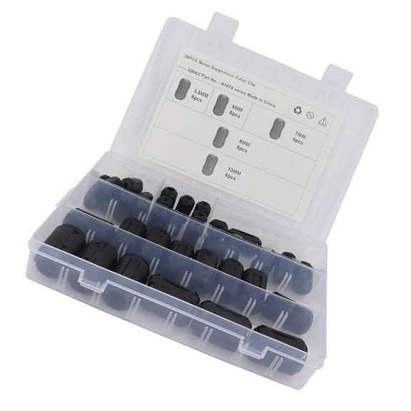 HAMPPLIES 36Pcs Ferrite Core Cord Ring Noise Filter for Power Cords and Cables Black 19.5X13CM