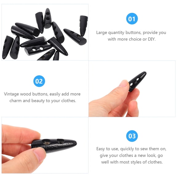 HAMPPLIES 50-Pack Natural Black Wood Buttons for Jackets, 1.4 x 0.5 x 0.5 Inches, Sewing Accessories