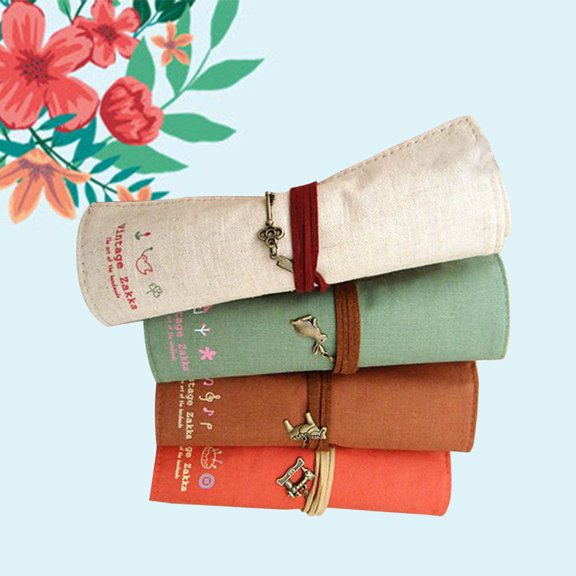 HAMPPLIES 4Pcs Retro Pencil Roll Case for Stationery and Cosmetics Travel Daily Use Red White Coffee Green