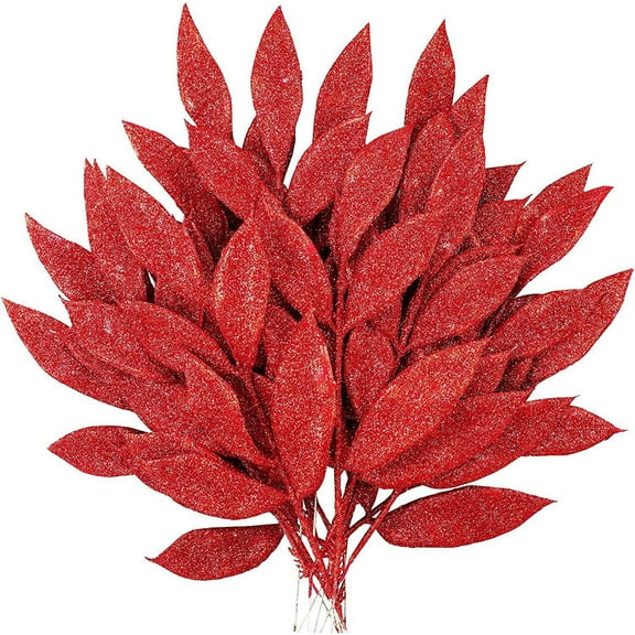 HAMPPLIES Artificial Glitter Leaves Red Plastic 10Pcs 12.7X4X0.08In