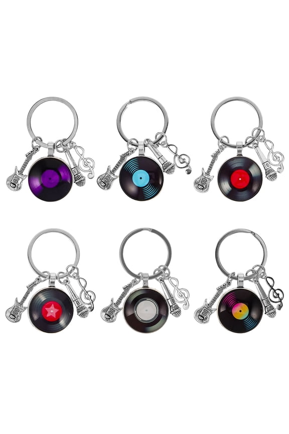 6-Pack Vintage Style Music Pendant Keychains with Vinyl Record Design, Unique Accessories for Music