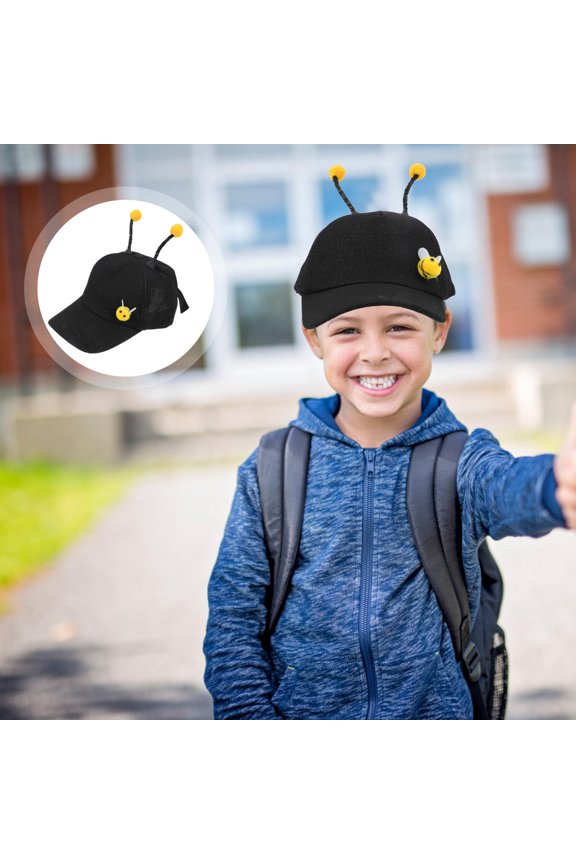Black Cotton Baseball Hat with Adjustable Bee Antenna and Sunproof Peaked Design for Outdoor Use
