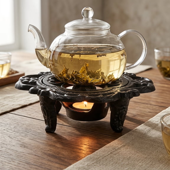 HAMPPLIES Black Cast Iron Teapot Warmer Stand with Vintage Style for Tea and Coffee Heating, and Stylish