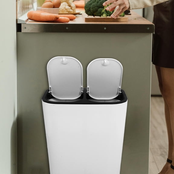 HAMPPLIES White Plastic Dual Compartment Trash Can with Lid, Kitchen Garbage Bin for Home and Office Use