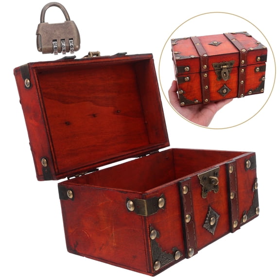 HAMPPLIES Dark Red Wooden Treasure Chest Metal Swing Lock, Ideal Jewelry Storage Box and Organizer