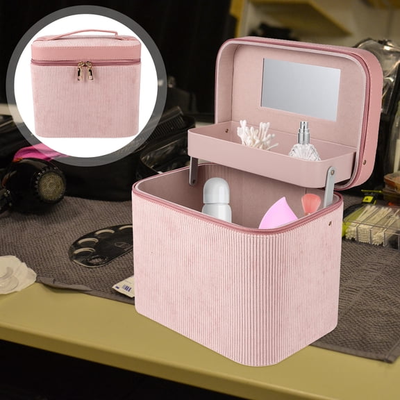 HAMPPLIES Fashionable Pink Hanging Makeup Bag with Mirror Portable Cosmetic Suitcase for Storage