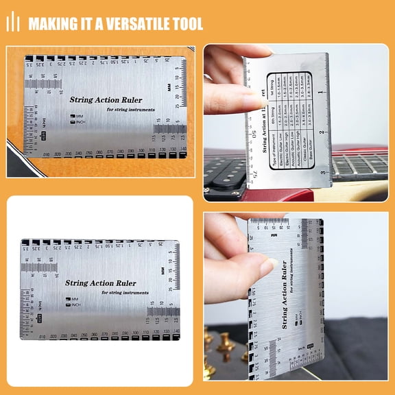 HAMPPLIES Guitar String Action Gauge 1Set Steel Ruler for String Height Measurement and Fretboard Repair 3.4x2.3x0.2in