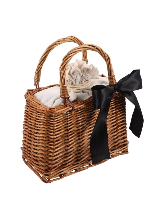 Handwoven Brown Wicker Basket Purse with Ribbon Drawstring Lining, Stylish Rattan Tote Handbag for Women