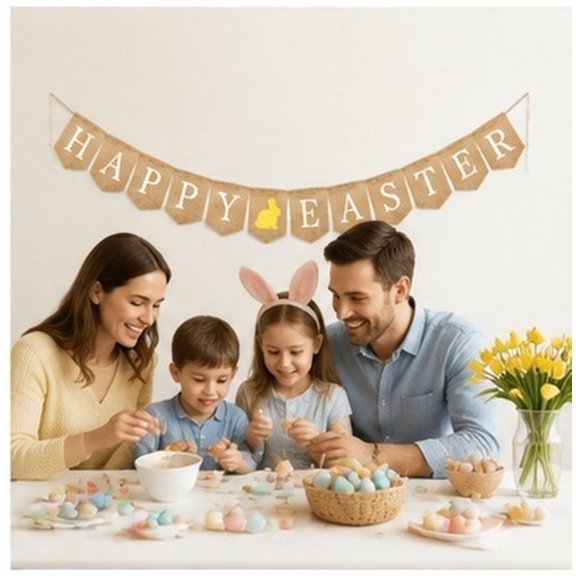 HAMPPLIES Happy Easter Banner Yellow Burlap Easter Party Photo Props Rustic Bunny Sign Decoration