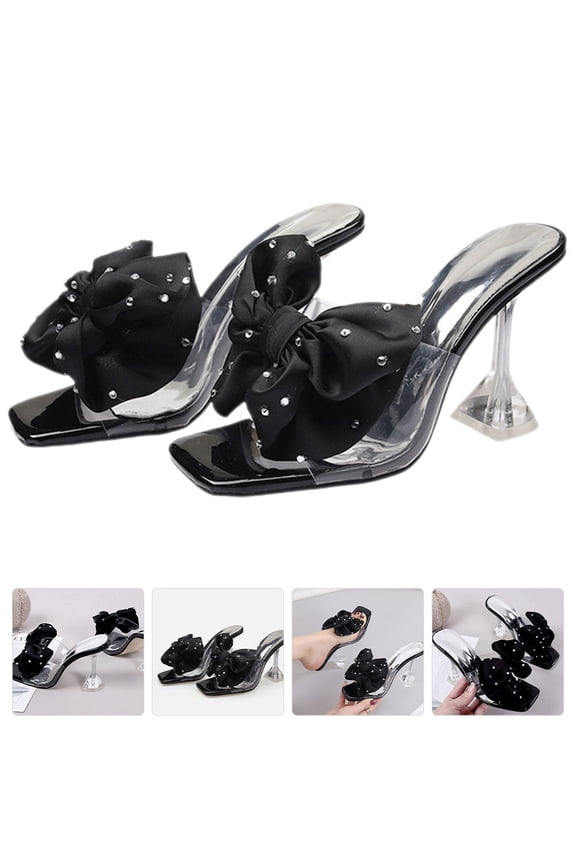Heels 1 Pair Mules Heels Bow Tie Slides Square Toe Black Pu Rubber Durable Outdoor