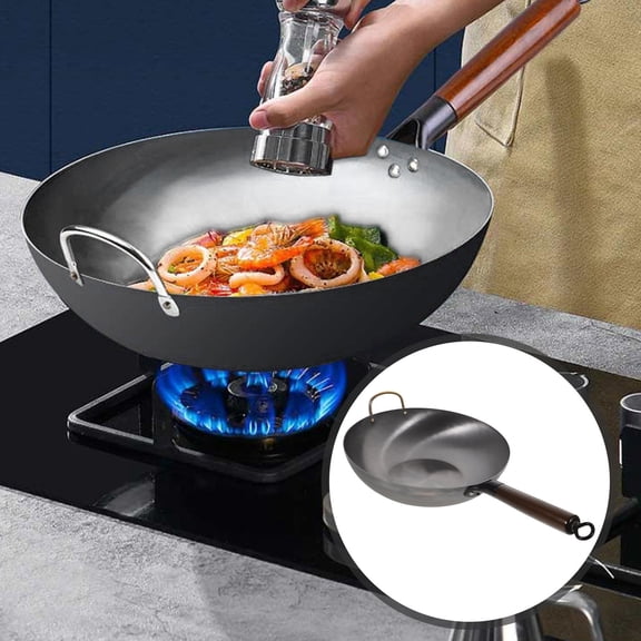 HAMPPLIES Professional Black Flat Bottom Wok for Cooking, 1-Piece Skillet Pan for Home and Kitchen Use
