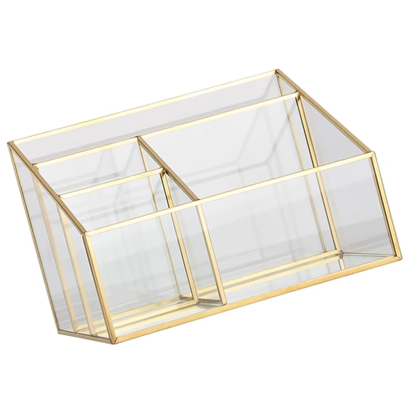 HAMPPLIES Clear Glass Makeup Box for Home Vanity Cosmetic and Brush Holder Storage