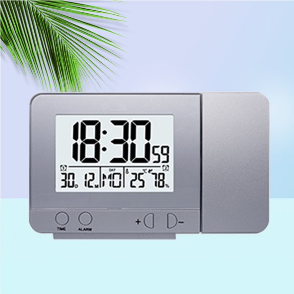 HAMPPLIES Plated Silver Projection LED Clock, Multi-Function, USB Powered, Time Date Week, Temp Humidity