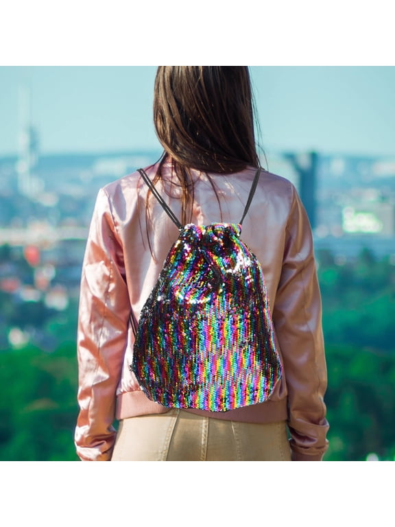 Versatile Drawstring Backpack, Sequin, Multi Polyester, Large Capacity, Easy Access, Decor