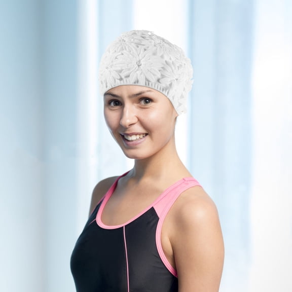 HAMPPLIES Retro Style White Floral Swim Hat Waterproof Fabric for Pool and Beach