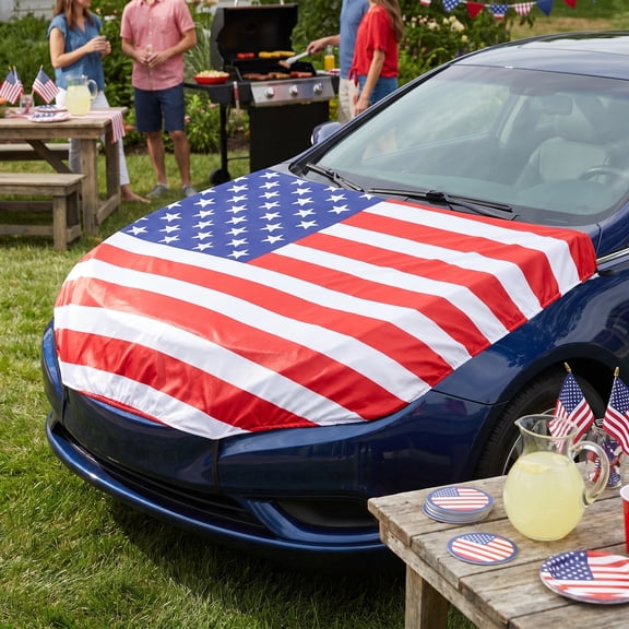 HAMPPLIES Washable Polyester Car Hood Cover with Usa Flag Print for Trucks Suvs Indoor Parking Use