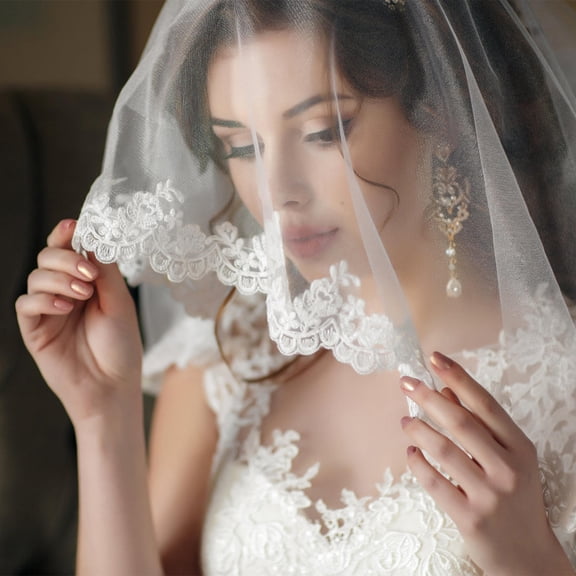 HAMPPLIES White Cathedral Wedding Veil with Elegant Floral Design, Bridal Veil for Wedding Ceremony