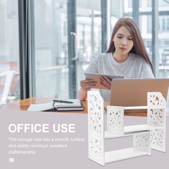 HAMPPLIES Space Saving White Desktop Bookshelf Wooden Desk Organizer for Office Storage