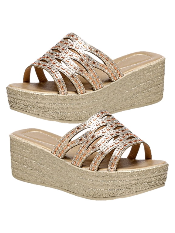 Women's Golden PU Rubber Slides Platform Heels Casual Walking Shoes Comfortable 1 Pair