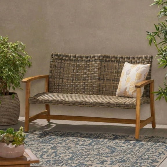 HAMPTON Outdoor Acacia Wood Wicker Loveseat, Patio Furniture Conversation Set Backyard