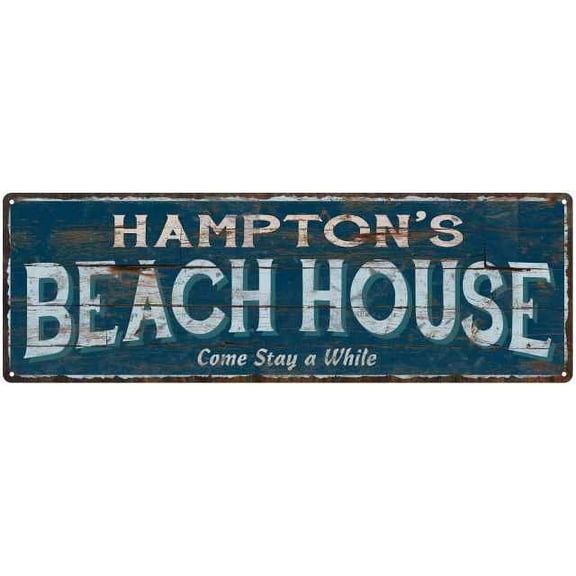 HAMPTON'S Beach House Blue Rustic Cabin Home Decor 8x24 Metal 108240026451