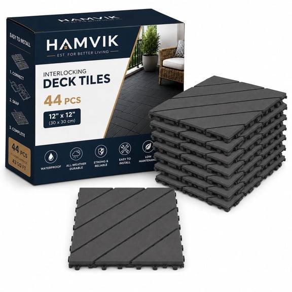HAMVIK 44 Pack Interlocking Deck Tiles 12 x 12 Inch Waterproof Outdoor Flooring, Snap Together Plastic Patio Floor Tiles for Balcony, Backyard, Porch, Poolside, Garage & Deck, Grey Chevron Pattern