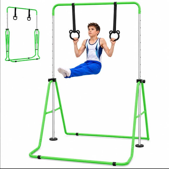 HAMVIK Foldable Gymnastics Bar for Kids with Adjustable Gym Rings, 4 Height Levels, Indoor & Outdoor Training Bar, Heavy Duty Steel Horizontal Bar for Boys & Girls Ages 3-8