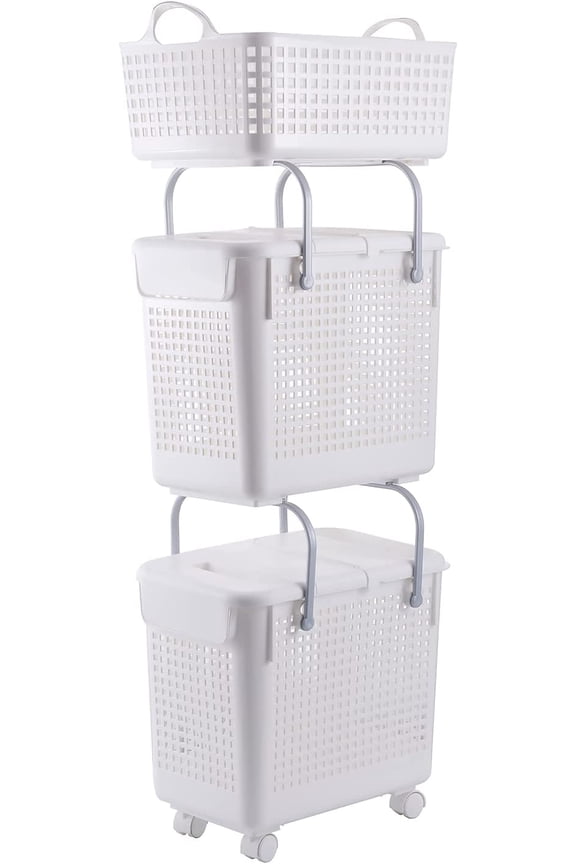 3 pieces of Laundry Hampers Basket, with Lid and Wheels, Modern Hollow-carved Design, White
