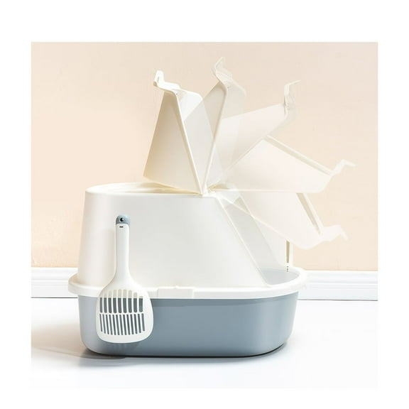 HANAMYA Flip-Top Jumbo Cat Litter Box with Scoop, Front Entry and Top Exit, White&Gray