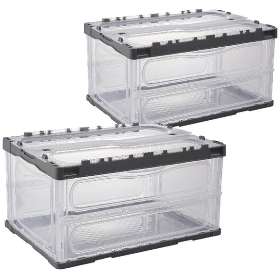 HANAMYA Folding & Stackable Storage Bin with Lid 45 Liter Clear/Gray (Set of 2)