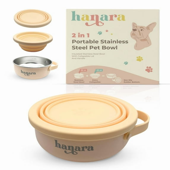 HANARA 2-in-1 Insulated Stainless Steel Dog Bowl with Extra Collapsible Lid and Handle for Dog Cat Pet | Non Slip Rubber Bottom | Portable, Great for Indoor, Outdoor| 30 OZ (Plus 20 oz) (Beige)