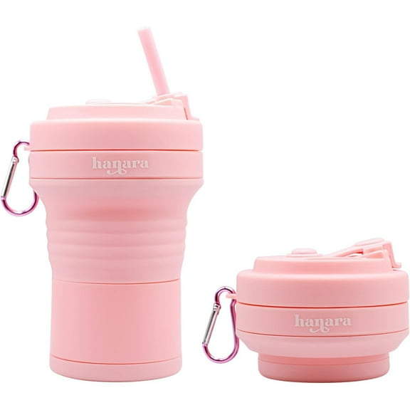 HANARA Collapsible Coffee Cups With Reusable Silicone Straw, 18 Oz / 550 Ml |Perfect For Travel, Camping, School, Work | Bpa-Free, Leak-Proof, Microwave Safe And Dishwasher Safe. (Pink)