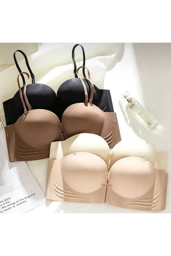 Front-Close Strapless Bra for Women, Removable Thin Straps Push-Up Bra, 4CM Thickened Pad & Seamless Fit, Breathable Lightly Lined Bralette, Coffee