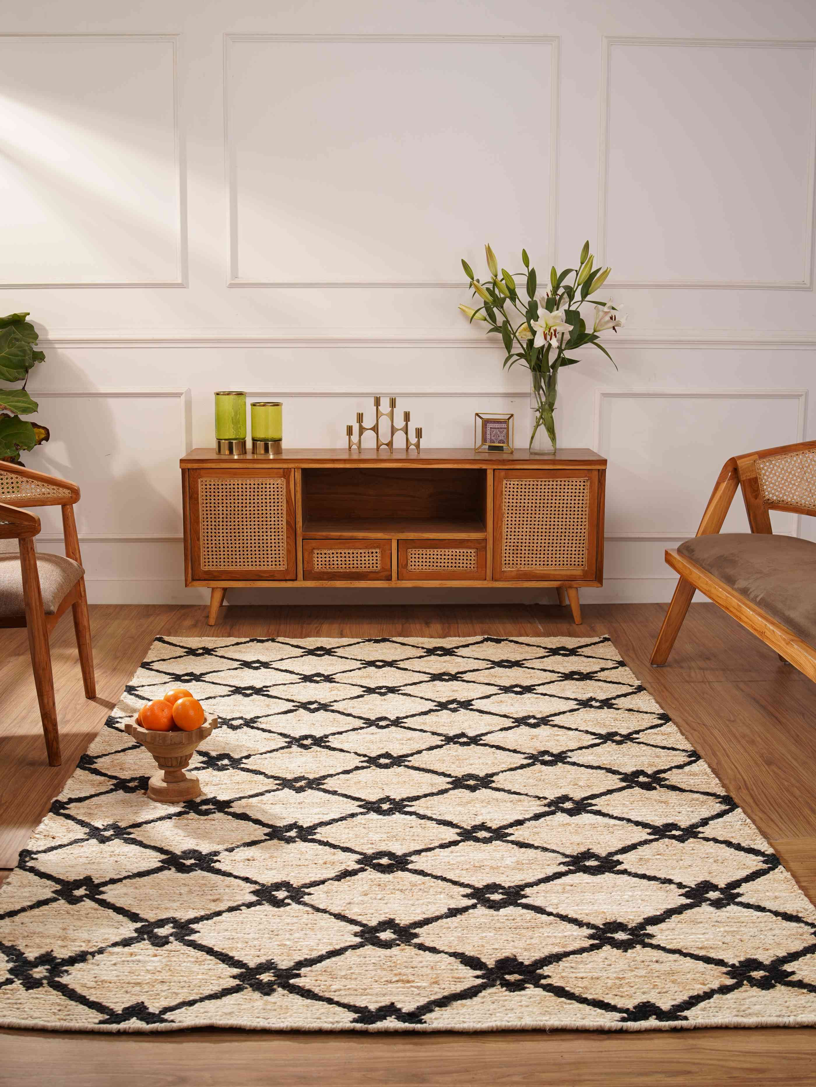 HAND KNOTTED SUMAK JUTE ECO-FRIENDLY AREA RUGS - 4'x6', Rectangle Shape, Beige Black Color, Geometric Pattern, High Pile, Natural Fiber, Outdoor Indoor Handmade Area Rugs for Living Room (J00079)