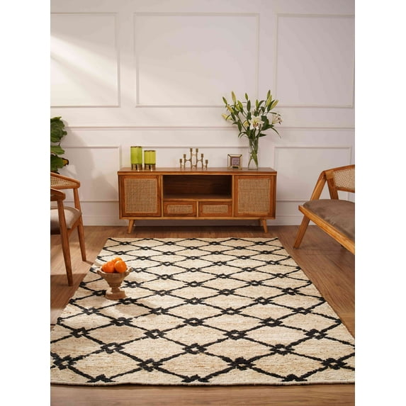 HAND KNOTTED SUMAK JUTE ECO-FRIENDLY AREA RUGS - 4'x6', Rectangle Shape, Beige Black Color, Geometric Pattern, High Pile, Natural Fiber, Outdoor Indoor Handmade Area Rugs for Living Room (J00079)