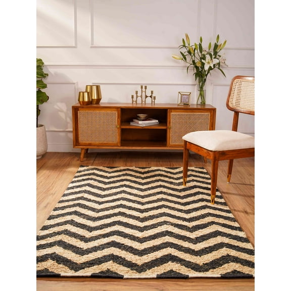 HAND KNOTTED SUMAK JUTE ECO-FRIENDLY AREA RUGS - 4'x6', Rectangle Shape, Cream Black Color, Contemporary Pattern, High Pile, Natural Fiber, Outdoor Indoor Handmade Area Rugs for Living Room (J00014)