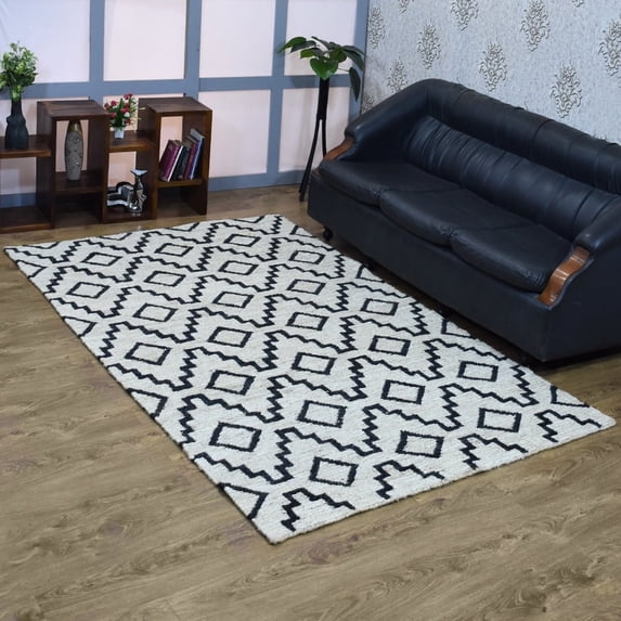 HAND KNOTTED SUMAK JUTE ECO-FRIENDLY AREA RUGS - 5'x8', Rectangle Shape, Beige Black Color, Geometric Pattern, High Pile, Natural Fiber, Outdoor Indoor Handmade Area Rugs for Living Room (J00080)
