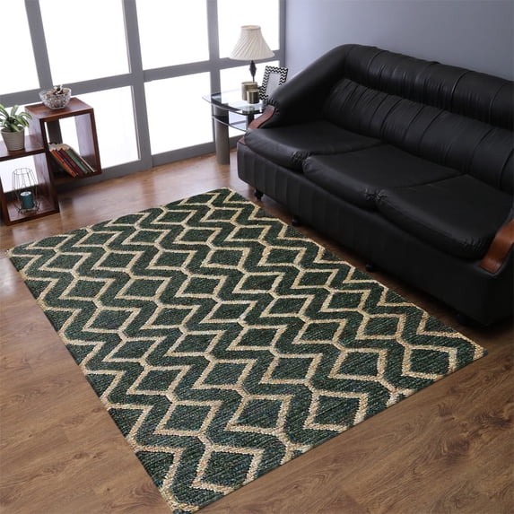 HAND KNOTTED SUMAK JUTE ECO-FRIENDLY AREA RUGS - 6'x9', Rectangle Shape, Green Beige Color, Geometric Pattern, High Pile, Natural Fiber, Outdoor Indoor Handmade Area Rugs for Living Room (J00018)