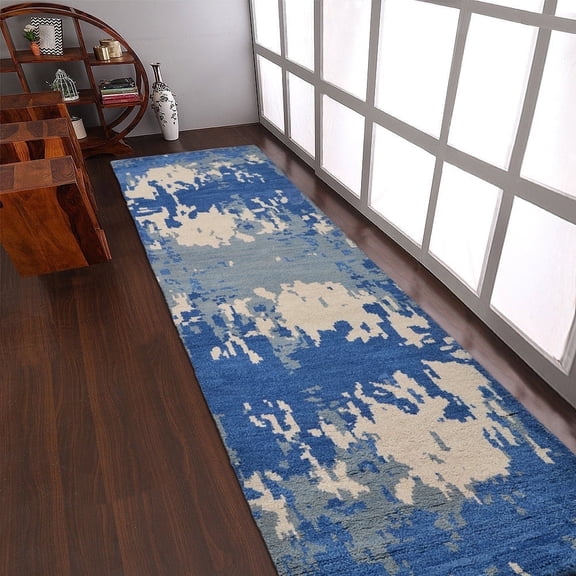 HAND KNOTTED WOOL ABSTRACT MODERN AREA RUGS - 2'6''x10', Runner Shape, Blue Beige Color, Classic Traditional Design, Low Pile Handmade Area Rugs for Living Room, Bed Room (N00806)