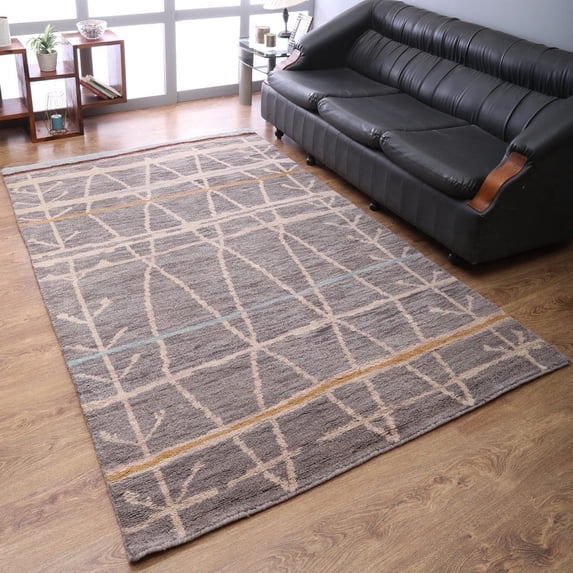 HAND KNOTTED WOOL CONTEMPORARY MODERN AREA RUGS - 5'x8', Rectangle Shape, Brown Color, Classic Traditional Design, Low Pile Handmade Area Rugs for Living Room, Bed Room (N00906)