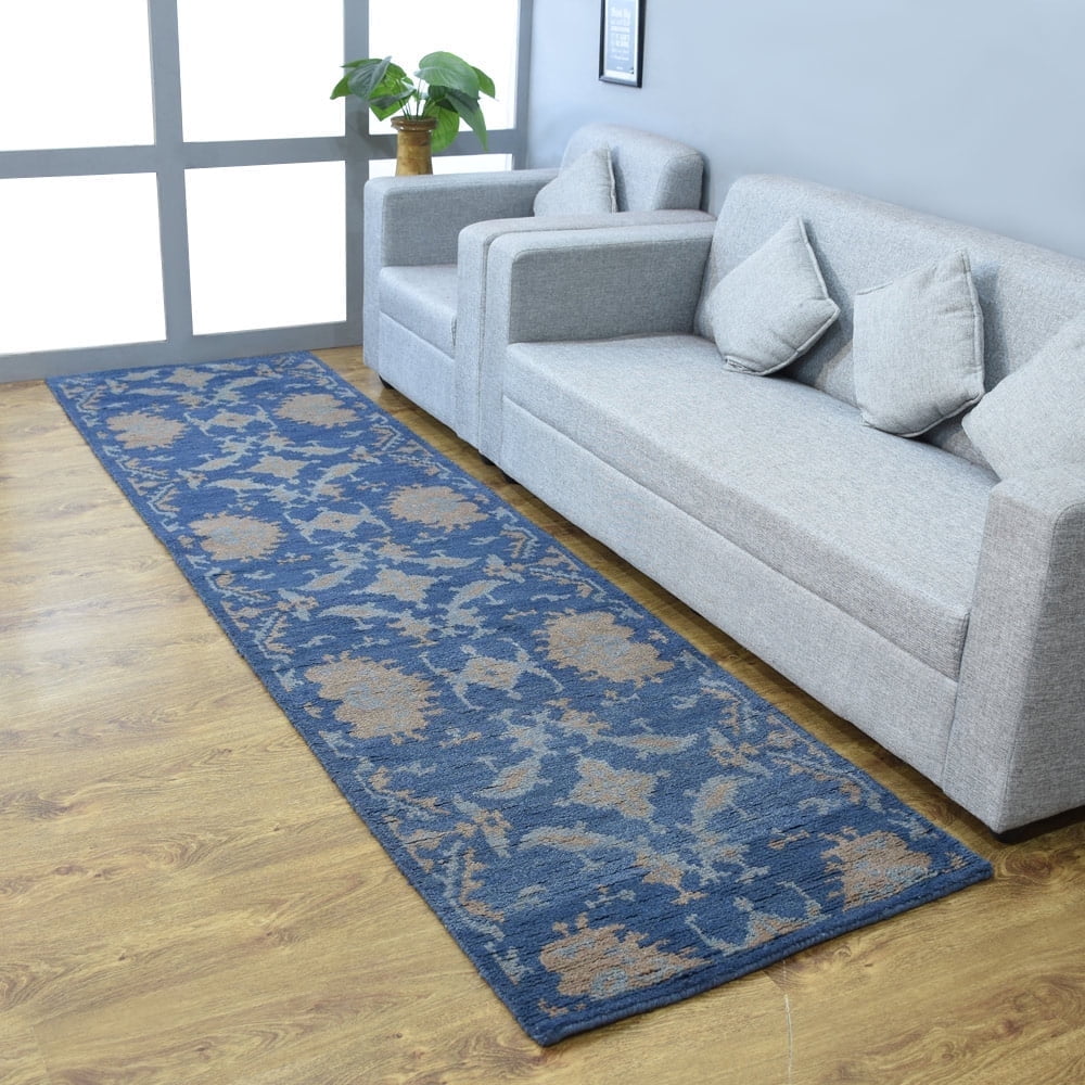 Blue Floral Hand-Knotted Wool Runner Rug 2'6''x10'
