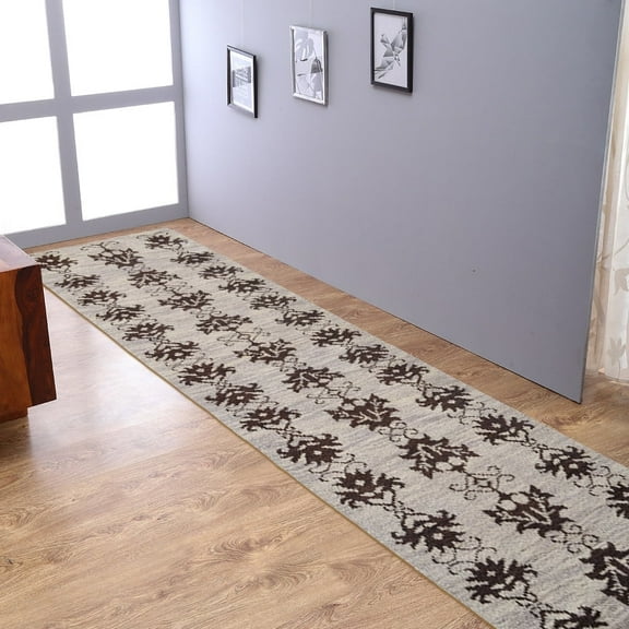 HAND KNOTTED WOOL FLORAL MODERN AREA RUGS - 2'6''x10', Runner Shape, Brown Color, Classic Traditional Design, Low Pile Handmade Area Rugs for Living Room, Bed Room (N00921)